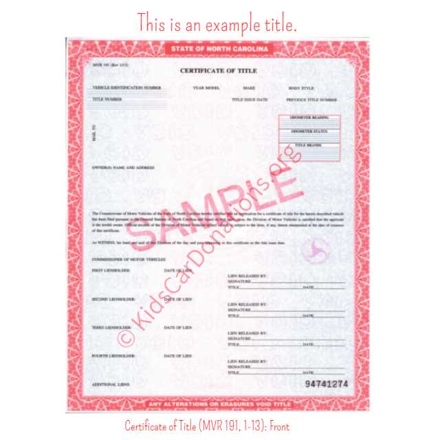This is an Example of South Dakota Certificate of Title (MVR 191, 1-13)- Front View | Kids Car Donations